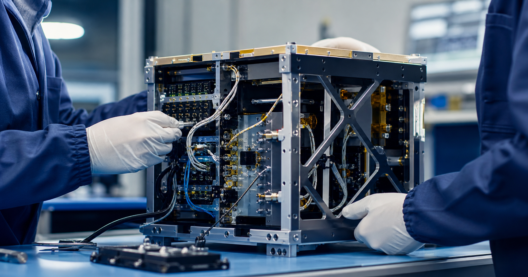 Aerospace engineers integrating satellite avionics hardware
