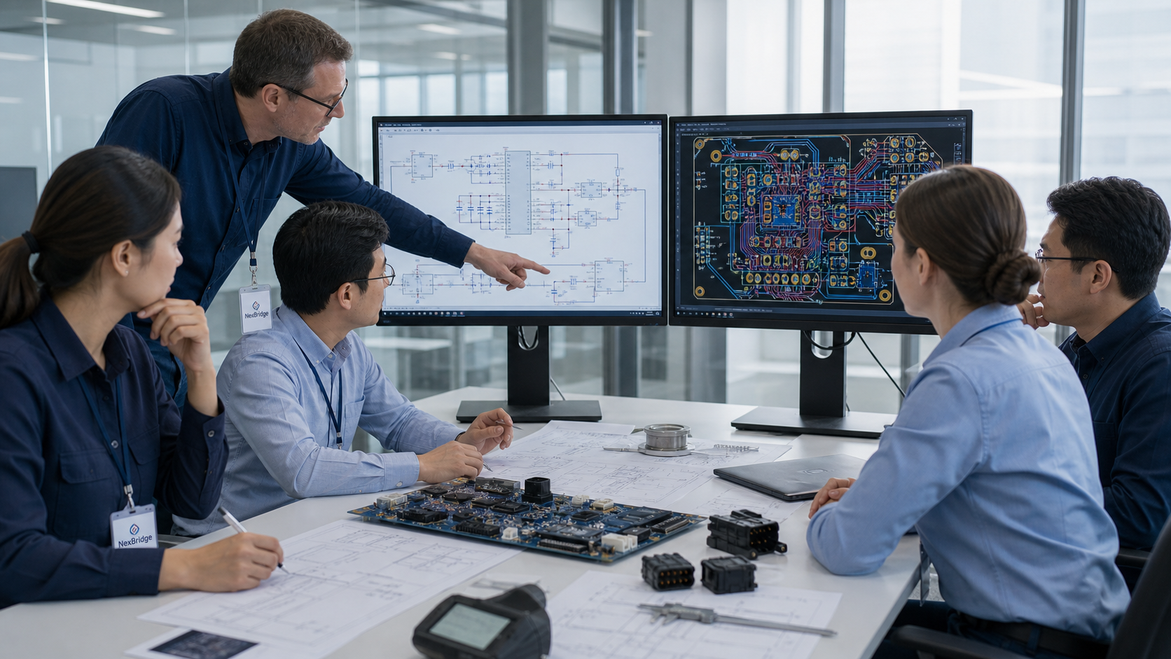 NexBridge engineering team reviewing schematic and PCB layout designs