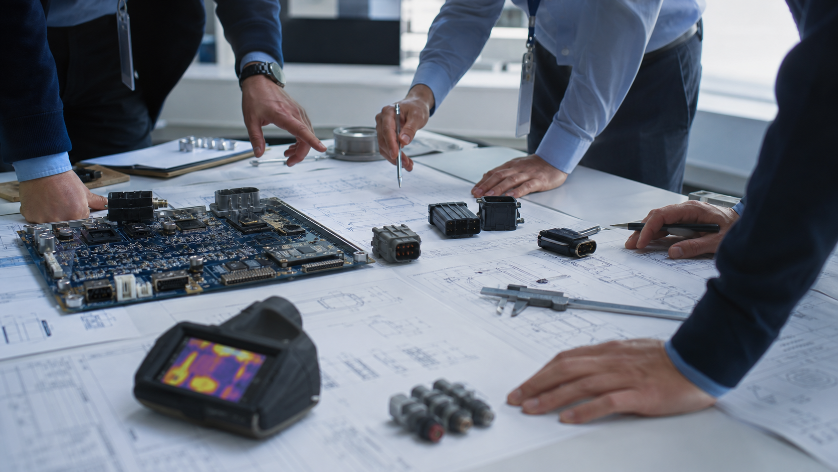 Engineering team reviewing system and hardware designs