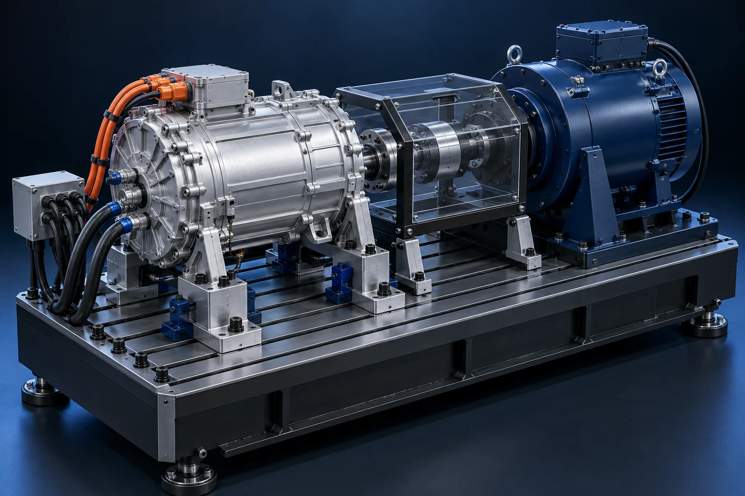 Concept render of an automotive electric traction motor mounted on a test fixture, aligned with a dynamometer through a guarded shaft coupling