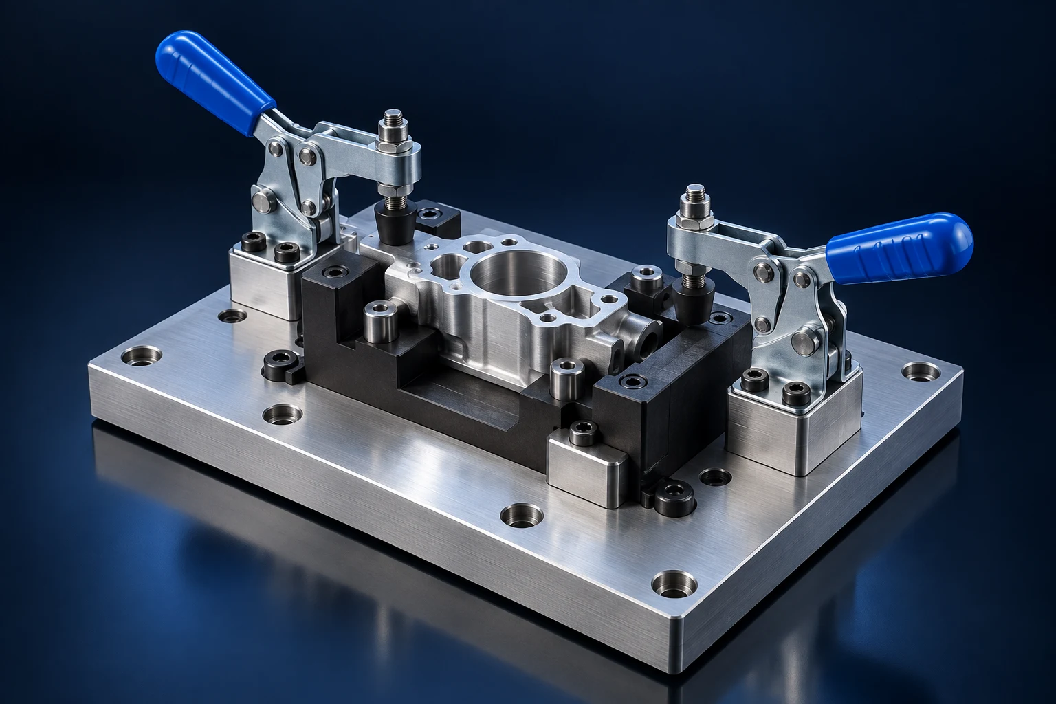 Concept render of a locating fixture with blue toggle clamps and a machined workpiece