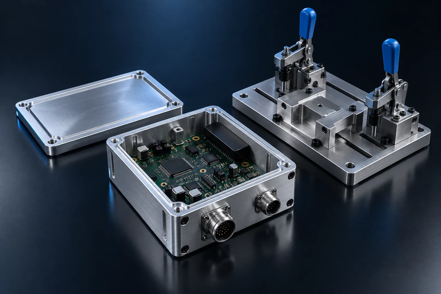 Concept render of a PCBA inside a CNC machined housing alongside custom production tooling